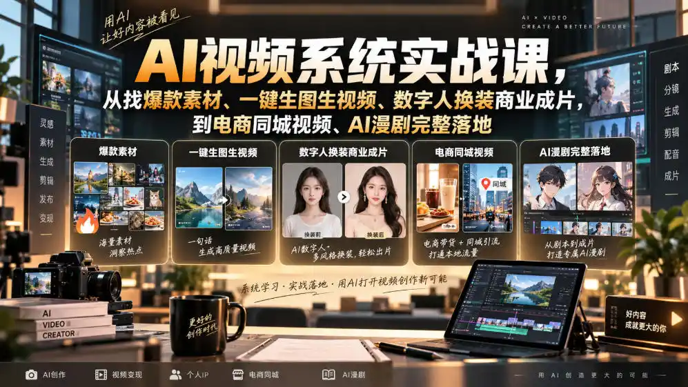 AI视频系统实战课，从找爆款素材、一键生图生视频、数字人换装商业成片，到电商同城视频、AI漫剧完整落地-副业168副业网