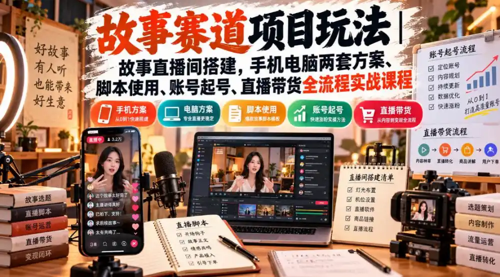 故事赛道项目玩法|故事直播间搭建,手机电脑两套方案、脚本使用、账号起号、直播带货全流程实战课程-副业168副业网