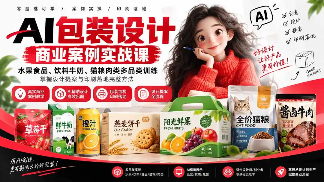 AI包装设计商业案例实战课:水果食品、饮料牛奶、猫粮肉类多品类训练,掌握设计提案与印刷落地完整方法-副业168副业网