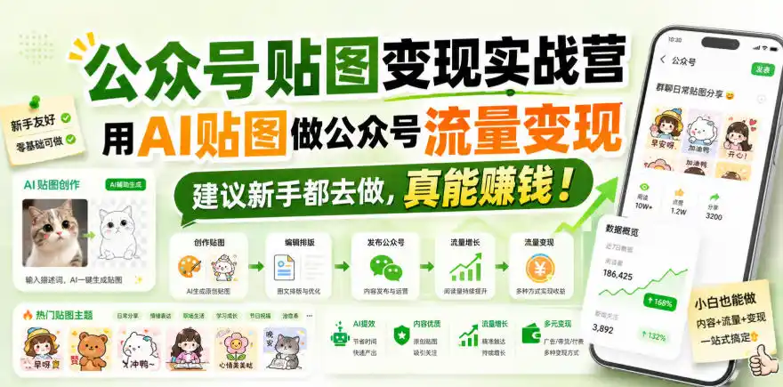 公众号贴图变现实战营,用AI贴图做公众号流量变现,建议新手都去做,真能賺钱!-副业168副业网