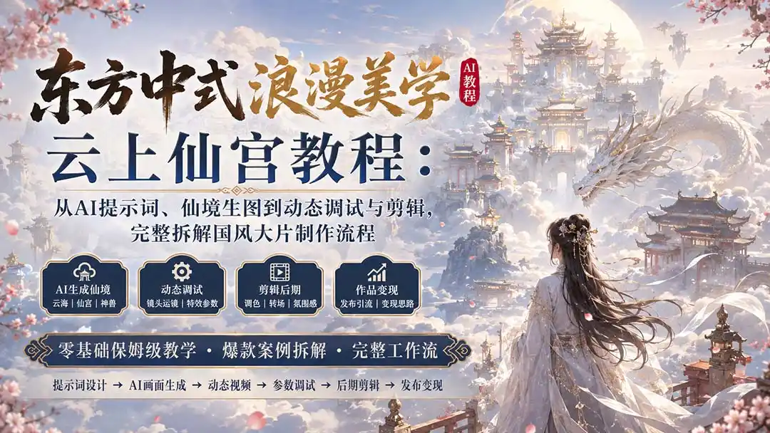 东方中式浪漫美学云上仙宫教程:从AI提示词、仙境生图到动态调试与剪辑,完整拆解国风大片制作流程-副业168副业网