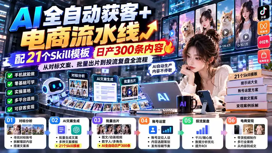 【无水印】AI全自动获客+电商流水线：配21个Skill模板，日产300条内容，从对标文案、批量出片到投流复盘全流程-副业168副业网