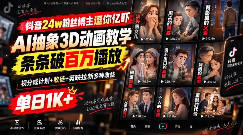 抖音24w粉丝博主逗你亿吓AI抽象3D动画教学，条条破百万播放，分成计划+收徒+剪映拉新多种收益，单日1K+-副业168副业网