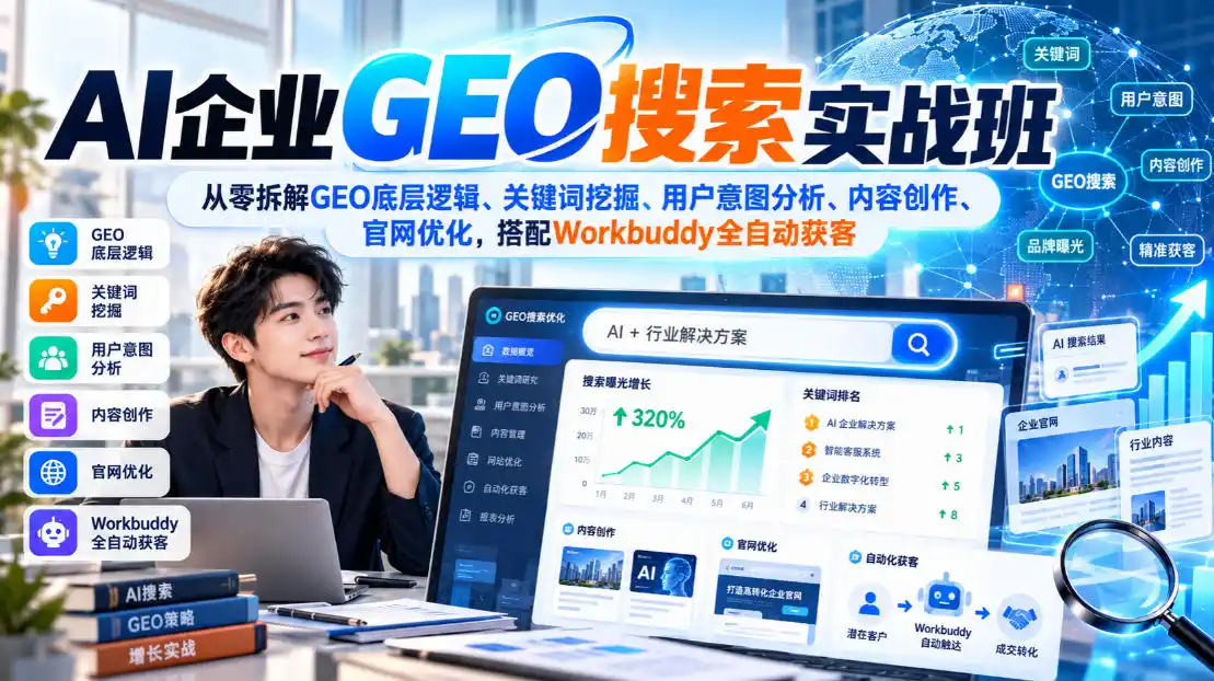 AI企业GEO搜索实战班,从零拆解GEO底层逻辑、关键词挖掘、用户意图分析、内容创作、官网优化,搭配Workbuddy全自动获客-副业168副业网