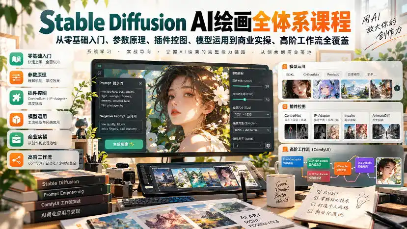 【无水印】Stable Diffusion AI绘画全体系课程,从零基础入门、参数原理、插件控图、模型运用到商业实操、高阶工作流全覆盖-副业168副业网