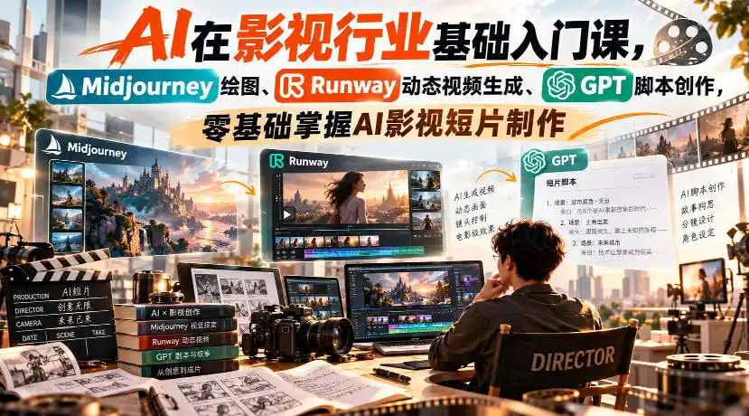 【无水印】AI在影视行业基础入门课,Midjourney绘图、Runway动态视频生成、GPT脚本创作,零基础掌握AI影视短片制作-副业168副业网