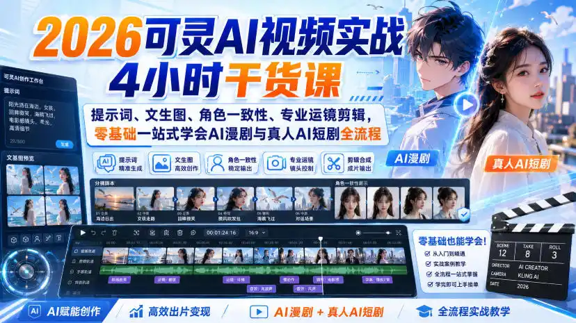 2026可灵AI视频实战4小时干货课|提示词、文生图、角色一致性、专业运镜剪辑,零基础一站式学会AI漫剧与真人AI短剧全流程-副业168副业网