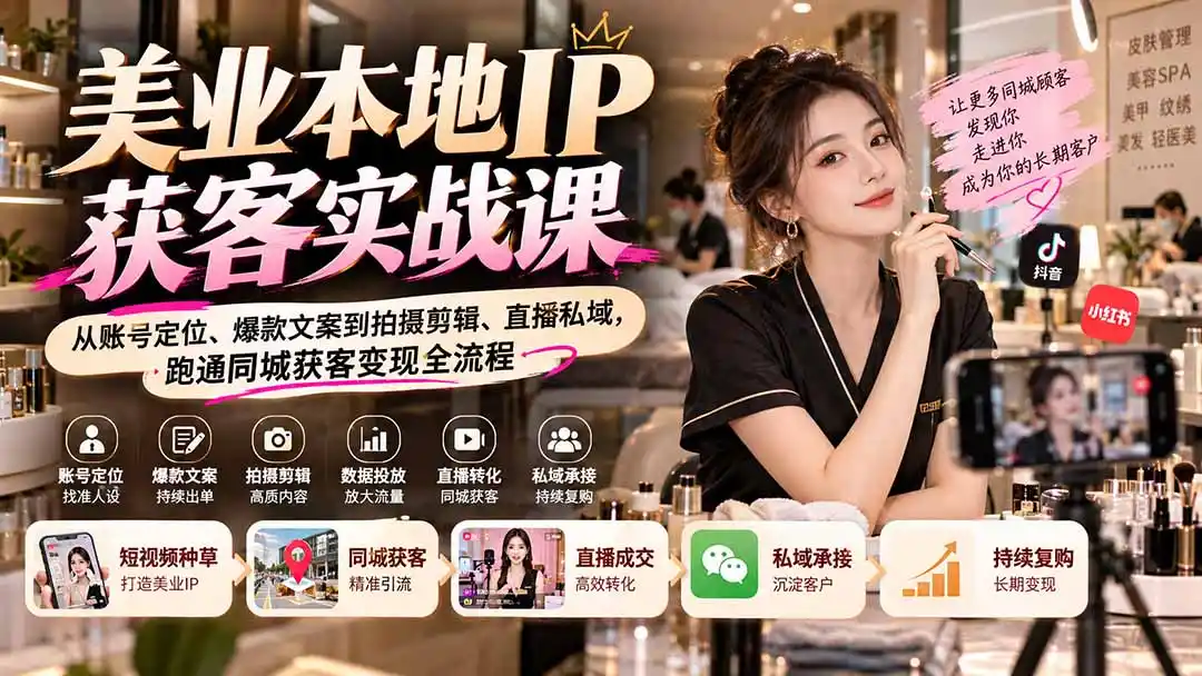 【无水印】美业本地IP获客实战课:从账号定位、爆款文案到拍摄剪辑、直播私域,跑通同城获客变现全流程-副业168副业网