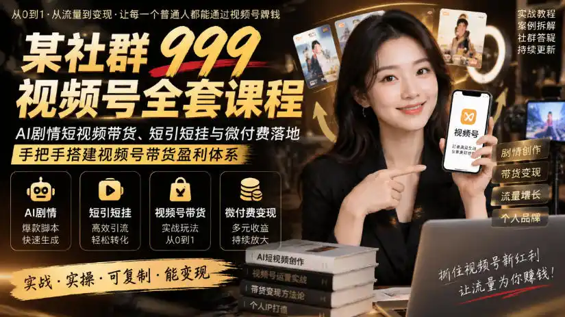 某社群999视频号全套课程,AI剧情短视频带货、短引短挂与微付费落地,手把手搭建视频号带货盈利体系-副业168副业网