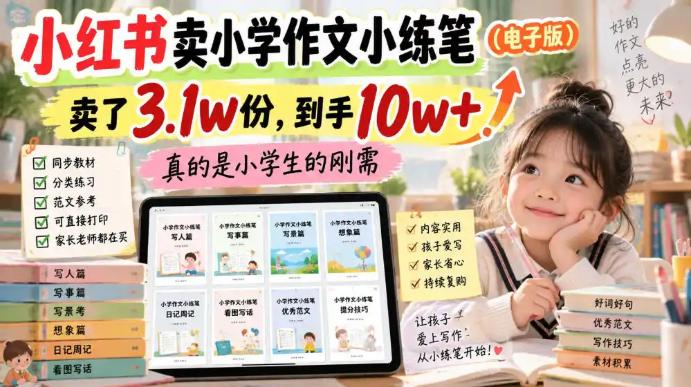 小红书卖小学作文小练笔(电子版),卖了3.1w份,到手10w+,真的是小学生的刚需-副业168副业网