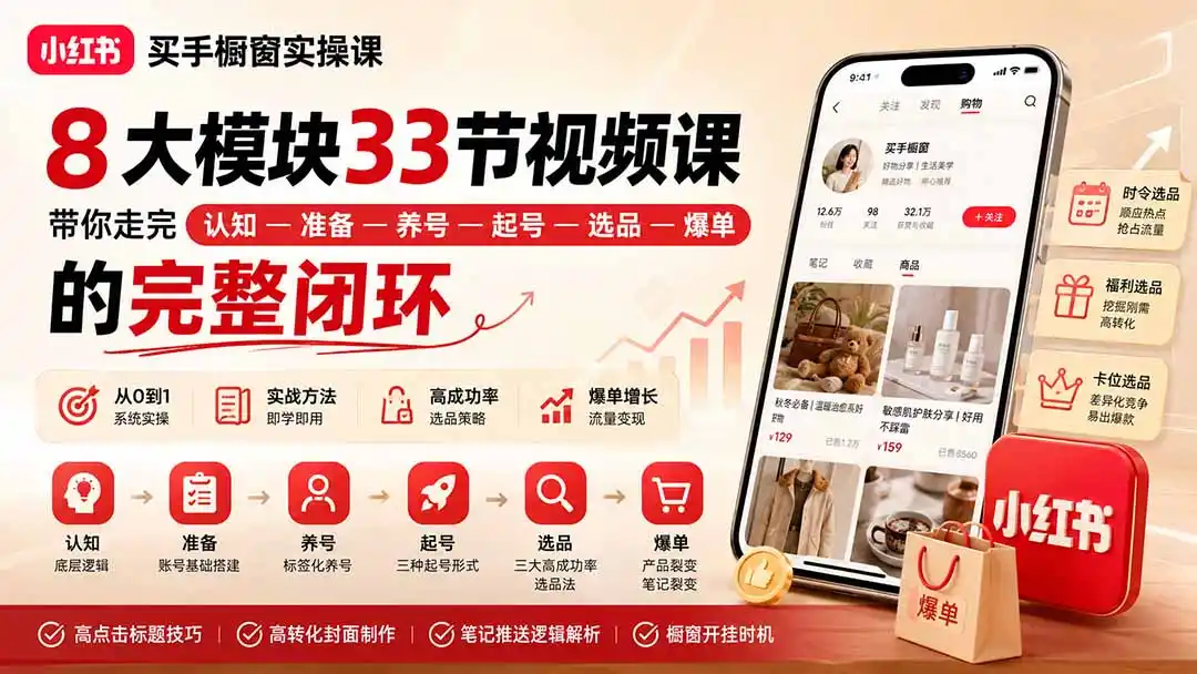 小红书买手橱窗实操课：8大模块33节视频课，带你走完”认知—准备—养号—起号—选品—爆单”的完整闭环-副业168副业网