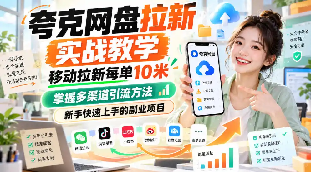 夸克网盘拉新实战教学,移动拉新每单10米,掌握多渠道引流方法,新手快速上手的副业项目-副业168副业网