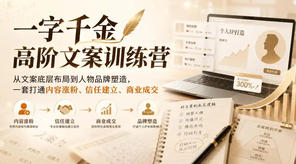 一字千金高阶文案训练营,从文案底层布局到人物品牌塑造,一套打通内容涨粉、信任建立、商业成交-副业168副业网
