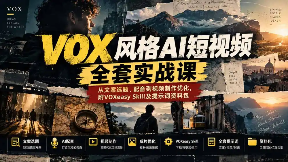 【无水印】VOX风格AI短视频全套实战课:从文案选题、配音到视频制作优化,附VOXeasy Skill及提示词资料包-副业168副业网