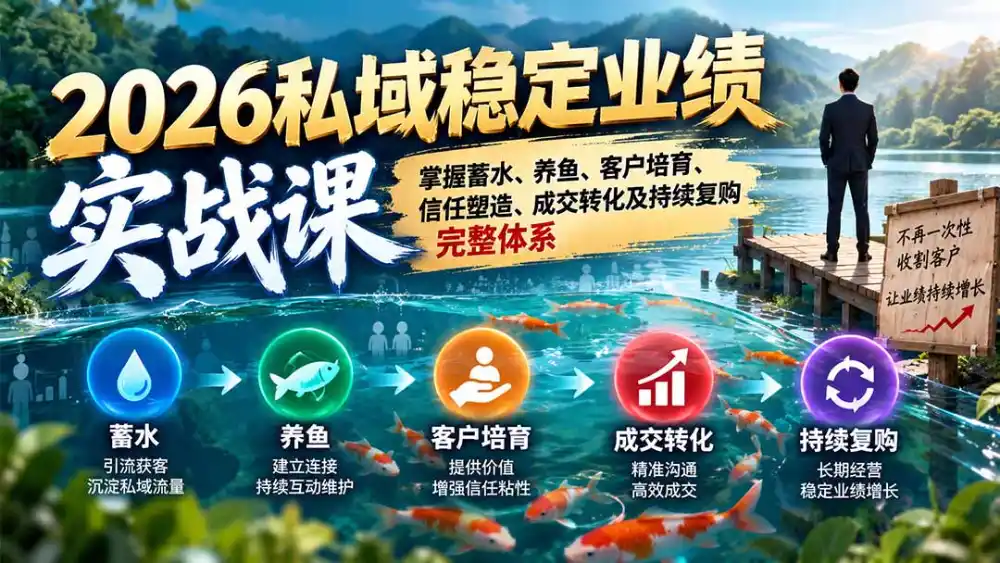 2026私域稳定业绩实战课:掌握蓄水、养鱼、客户培育、信任塑造、成交转化及持续复购完整体系-副业168副业网