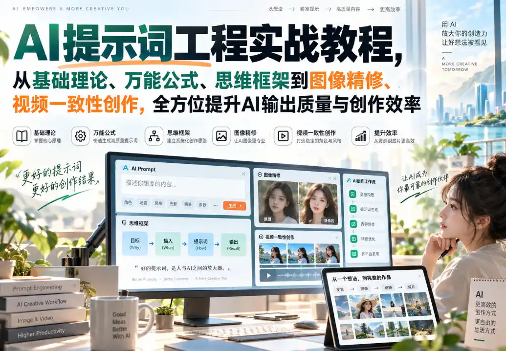 AI提示词工程实战教程,从基础理论、万能公式、思维框架到图像精修、视频一致性创作,全方位提升AI输出质量与创作效率-副业168副业网