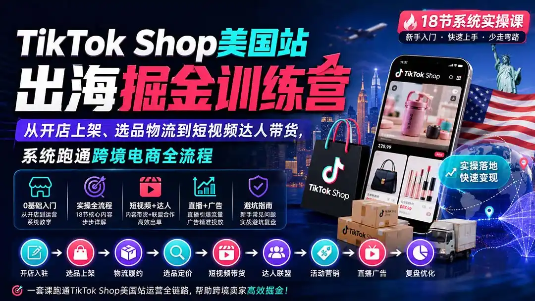 TikTok Shop美国站出海掘金训练营:从开店上架、选品物流到短视频达人带货,系统跑通跨境电商全流程-副业168副业网