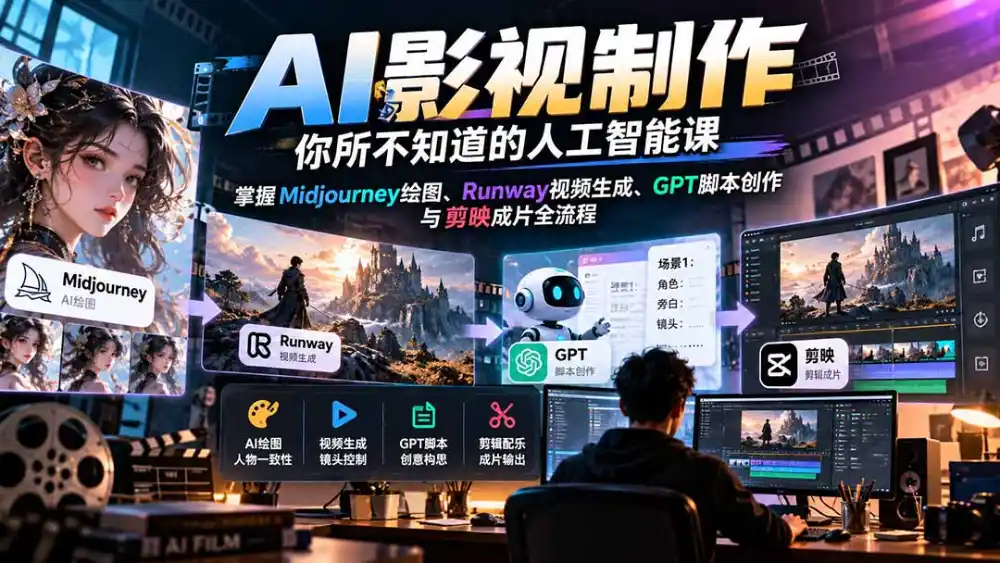 【无水印】AI影视制作-你所不知道的人工智能课,掌握Midjourney绘图、Runway视频生成、GPT脚本创作与剪映成片全流程-副业168副业网