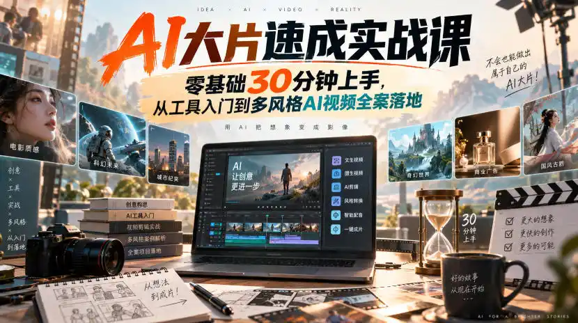AI大片速成实战课|零基础30分钟上手,从工具入门到多风格AI视频全案落地-副业168副业网
