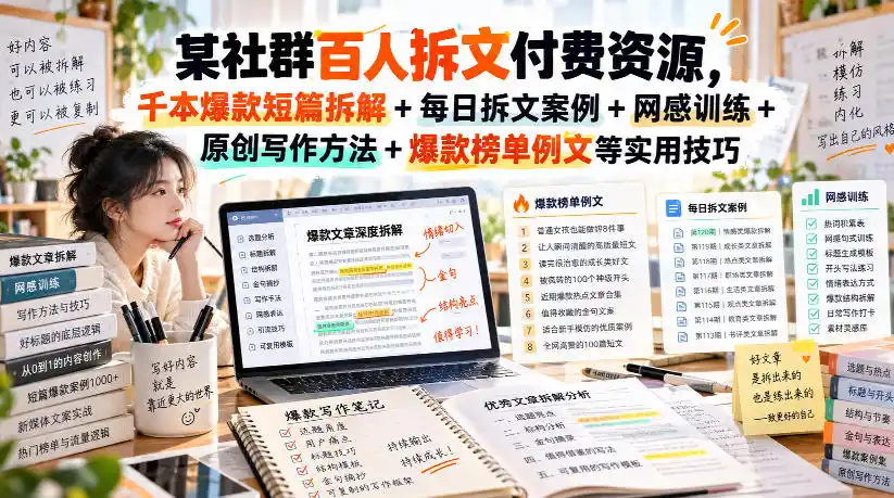 某社群百人拆文付费资源,千本爆款短篇拆解+每日拆文案例+网感训练+原创写作方法+爆款榜单例文等实用技巧(持续更新)-副业168副业网