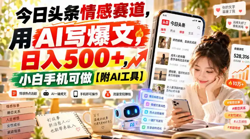 今日头条情感赛道，用AI写爆文，日入500+，小白手机可做【附AI工具】-副业168副业网