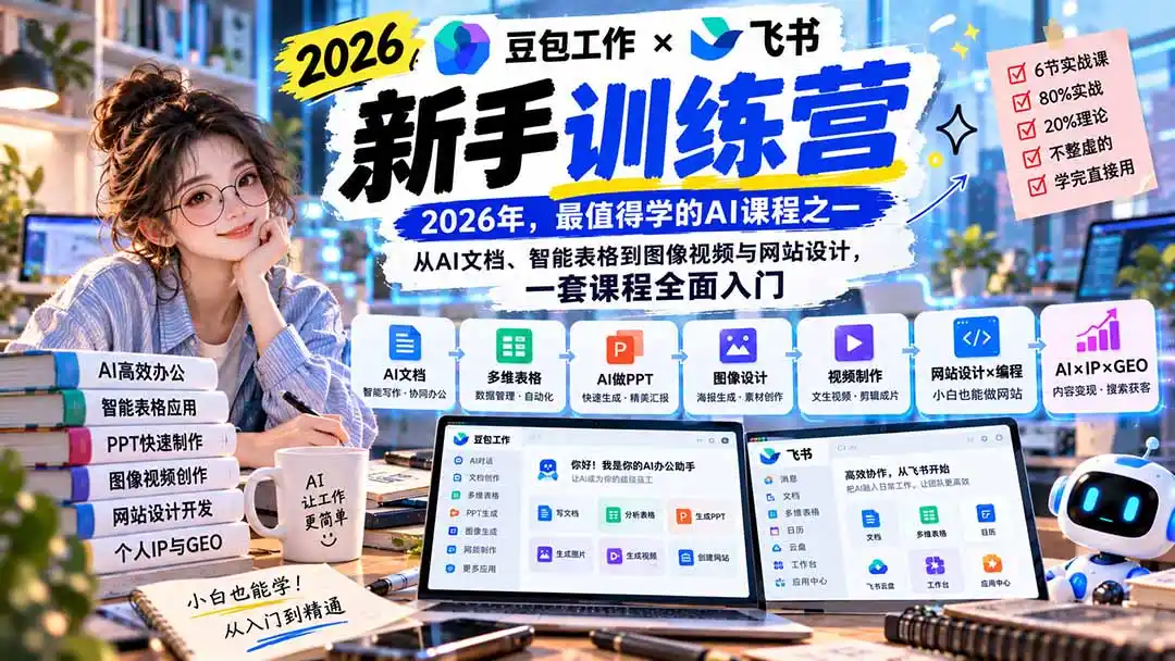 2026豆包工作+飞书新手训练营-9月新课:从AI文档、智能表格到图像视频与网站设计,一套课程全面入门-副业168副业网