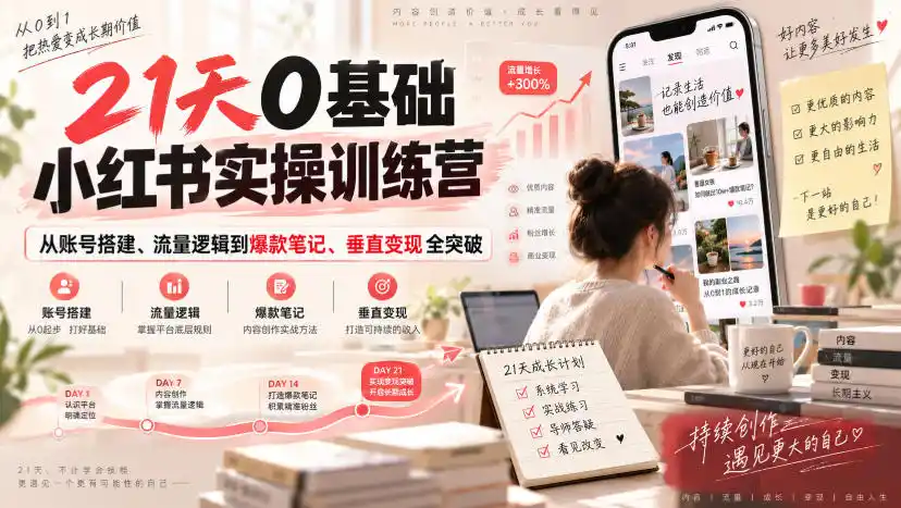 21天0基础小红书实操训练营|从账号搭建、流量逻辑到爆款笔记、垂直变现全突破-副业168副业网
