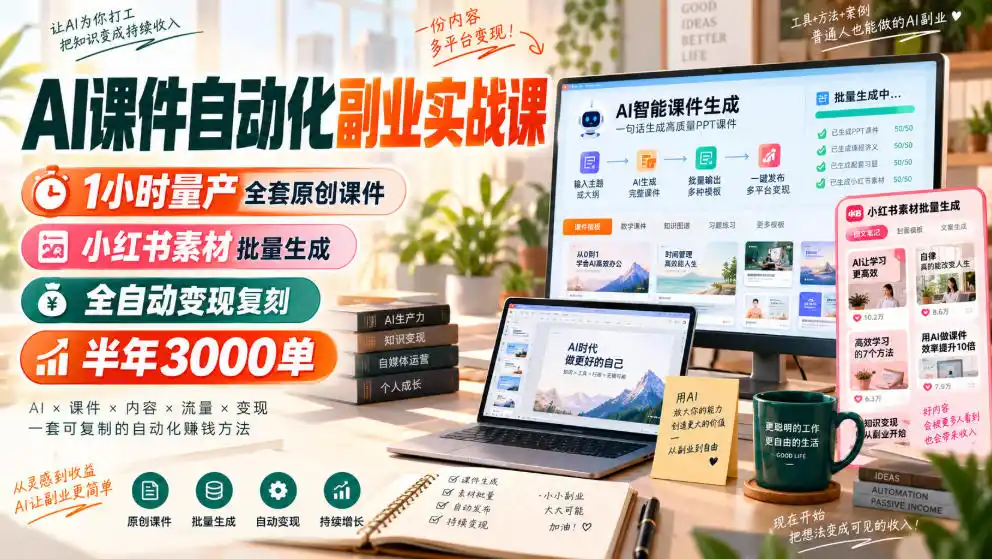 AI课件自动化副业实战课,1小时量产全套原创课件,小红书素材批量生成,全自动变现复刻,半年3000单-副业168副业网