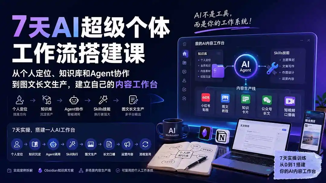 7天AI超级个体工作流搭建课:从个人定位、知识库和Agent协作到图文长文生产,建立自己的内容工作台-副业168副业网