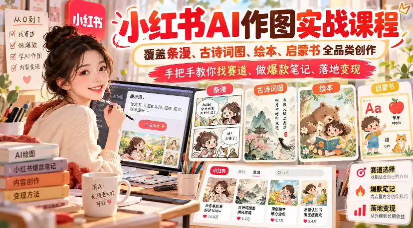 小红书AI作图实战课程,覆盖条漫、古诗词图、绘本、启蒙书全品类创作,手把手教你找赛道、做爆款笔记、落地变现-副业168副业网