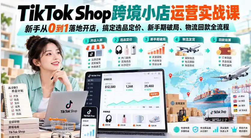 TikTok Shop跨境小店运营实战课，新手从0到1落地开店，搞定选品定价、新手期破局、物流回款全流程-副业168副业网