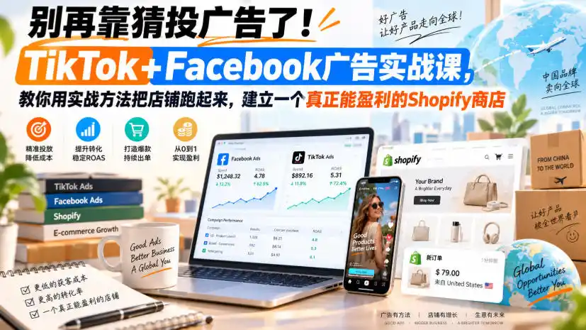 别再靠猜投广告了！TikTok+Facebook广告实战课，教你用实战方法把店铺跑起来，建立一个真正能盈利的Shopify商店【原创双语字幕】-副业168副业网