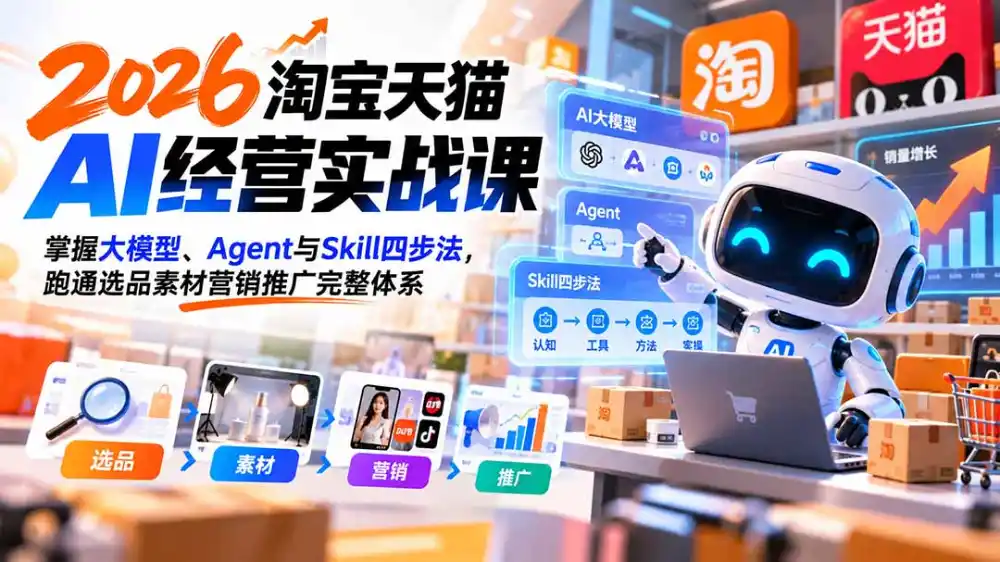 【无水印】2026淘宝天猫AI经营实战课:掌握大模型、Agent与Skill四步法,跑通选品素材营销推广完整体系-副业168副业网