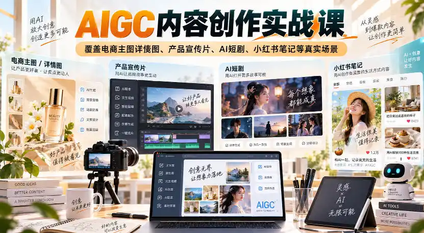 AIGC内容创作实战课，覆盖电商主图详情图、产品宣传片、AI短剧、小红书笔记等真实场景-副业168副业网