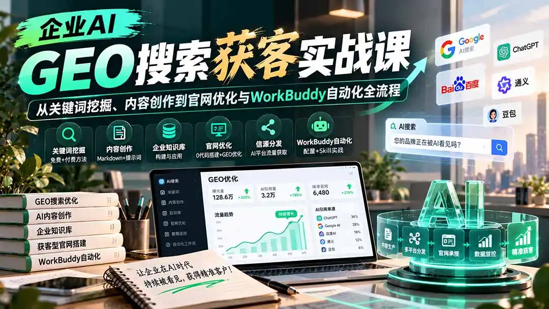 企业AI GEO搜索获客实战课:从关键词挖掘、内容创作到官网优化与WorkBuddy自动化全流程-副业168副业网