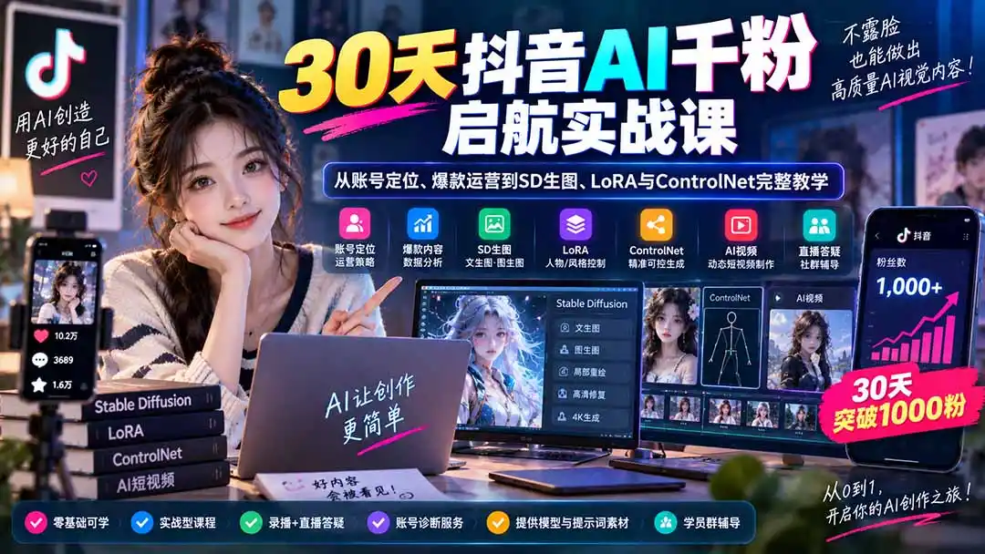 30天抖音AI千粉启航实战课:从账号定位、爆款运营到SD生图、LoRA与ControlNet完整教学-副业168副业网