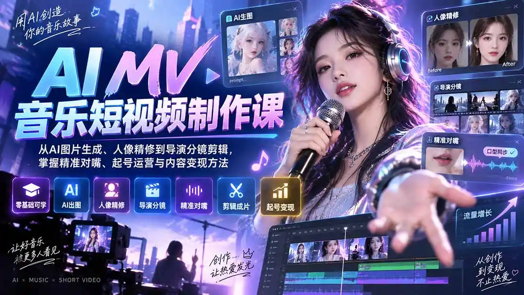 AI MV音乐短视频制作课:从AI图片生成、人像精修到导演分镜剪辑,掌握精准对嘴、起号运营与内容变现方法-副业168副业网