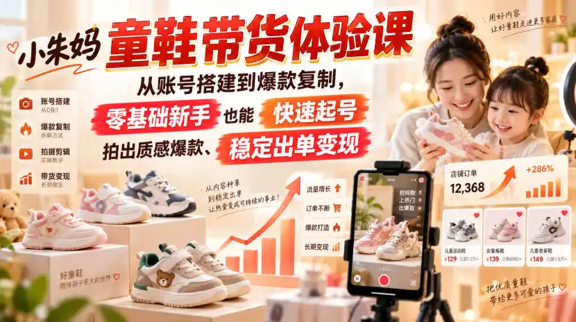 小朱妈童鞋带货体验课，从账号搭建到爆款复制，零基础新手也能快速起号、拍出质感爆款、稳定出单变现-副业168副业网