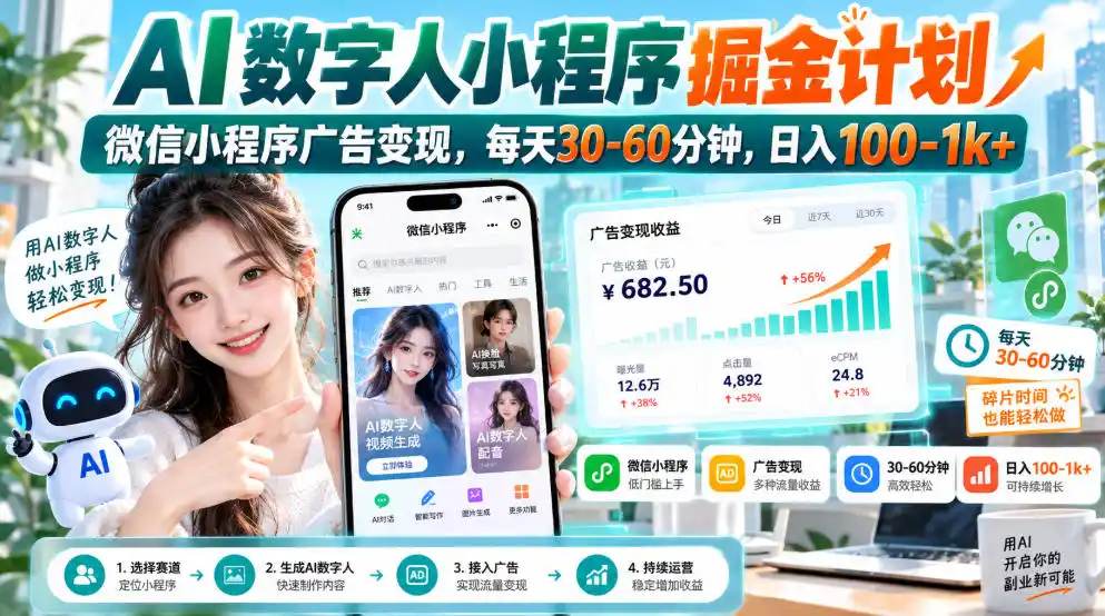 【无水印】AI数字人小程序掘金计划,微信小程序广告变现,每天30‑60分钟,日入100‑1k+-副业168副业网