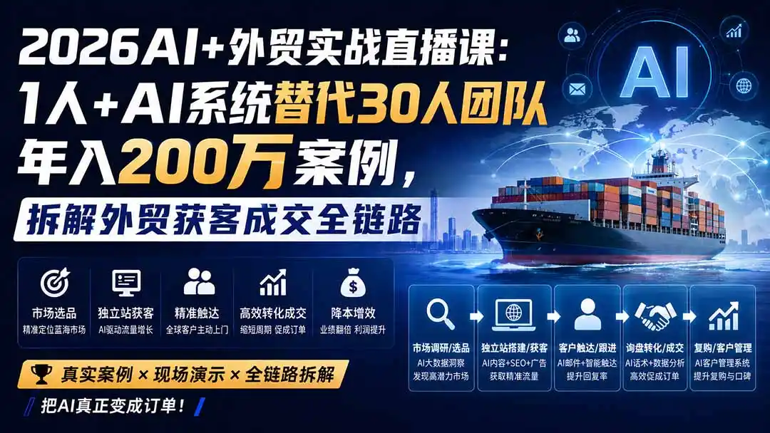 2026AI+外贸实战直播课：1人+AI系统替代30人团队年入200万案例，拆解外贸获客成交全链路-副业168副业网