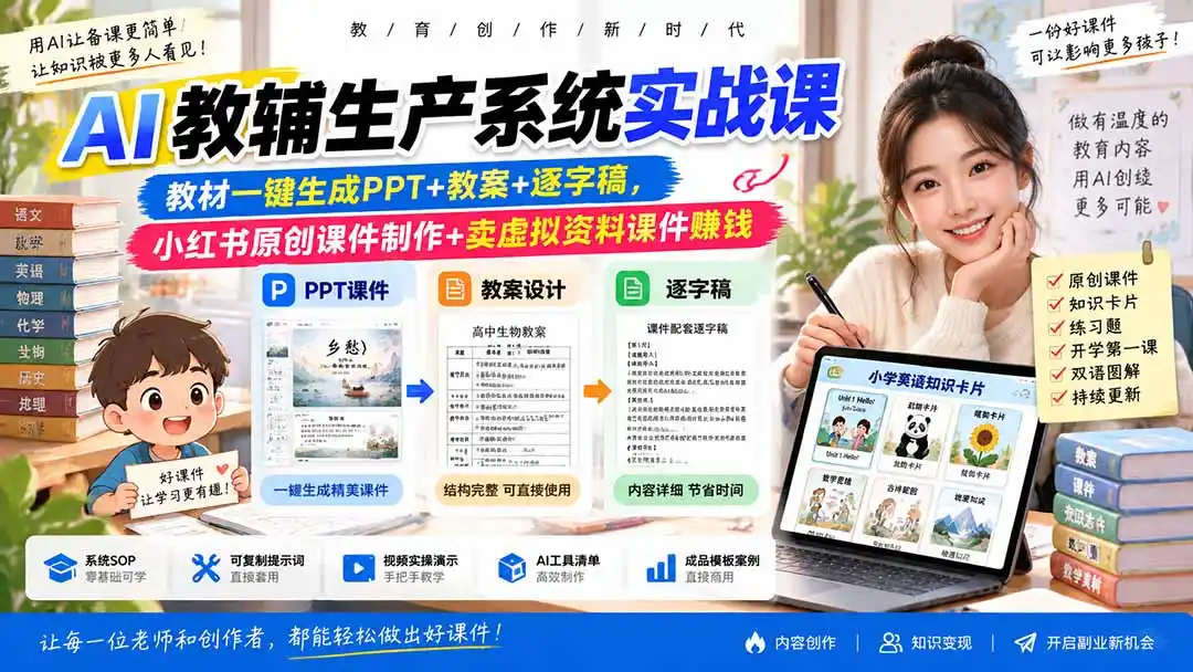 AI教辅生产系统实战课-更新0926｜教材一键生成PPT+教案+逐字稿，小红书原创课件制作+卖虚拟资料课件赚钱-副业168副业网