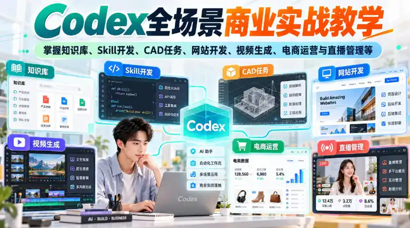 【无水印】Codex全场景商业实战教学,掌握知识库、Skill开发、CAD任务、网站开发、视频生成、电商运营与直播管理等-副业168副业网