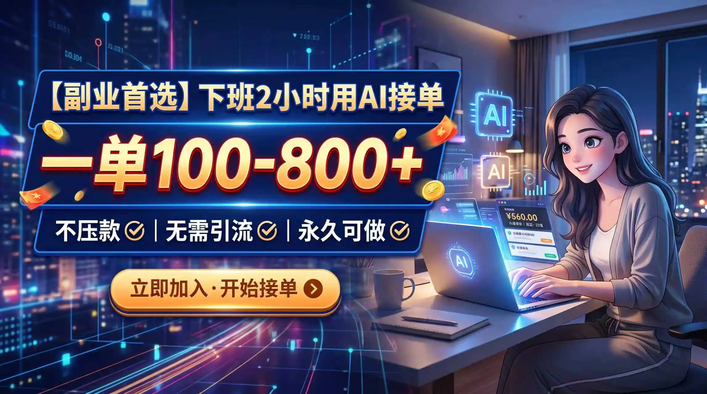 下班2小时用AI接单，一单100-800+，不压款，无需引流，永久可做-副业168副业网