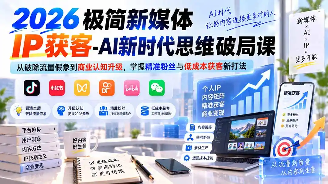 2026极简新媒体IP获客-AI新时代思维破局课:从破除流量假象到商业认知升级,掌握精准粉丝与低成本获客新打法-副业168副业网
