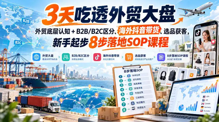 3天吃透外贸大盘,外贸底层认知+B2B/B2C区分、海外抖音带货、选品获客,新手起步8步落地SOP课程-副业168副业网