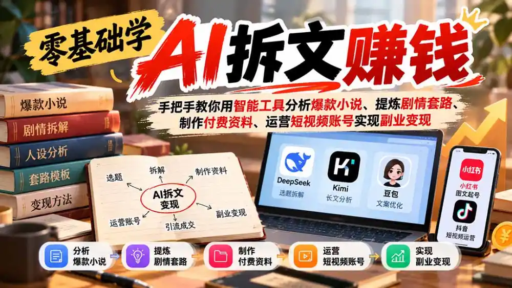 零基础学AI拆文赚钱：手把手教你用智能工具分析爆款小说、提炼剧情套路、制作付费资料、运营短视频账号实现副业变现-副业168副业网
