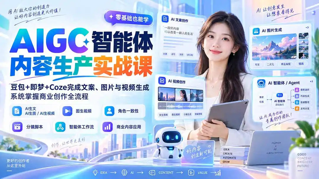 AIGC智能体内容生产实战课:豆包+即梦+Coze完成文案、图片与视频生成,系统掌握商业创作全流程-副业168副业网