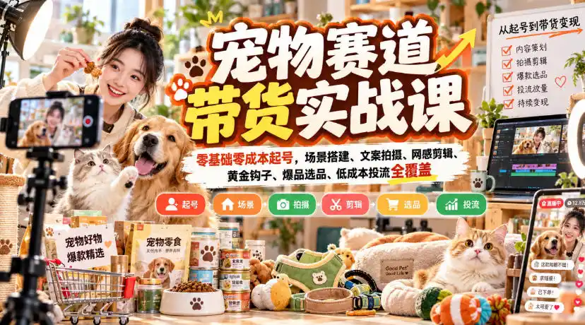 宠物赛道带货实战课,零基础零成本起号,场景搭建、文案拍摄、网感剪辑、黄金钩子、爆品选品、低成本投流全覆盖-副业168副业网