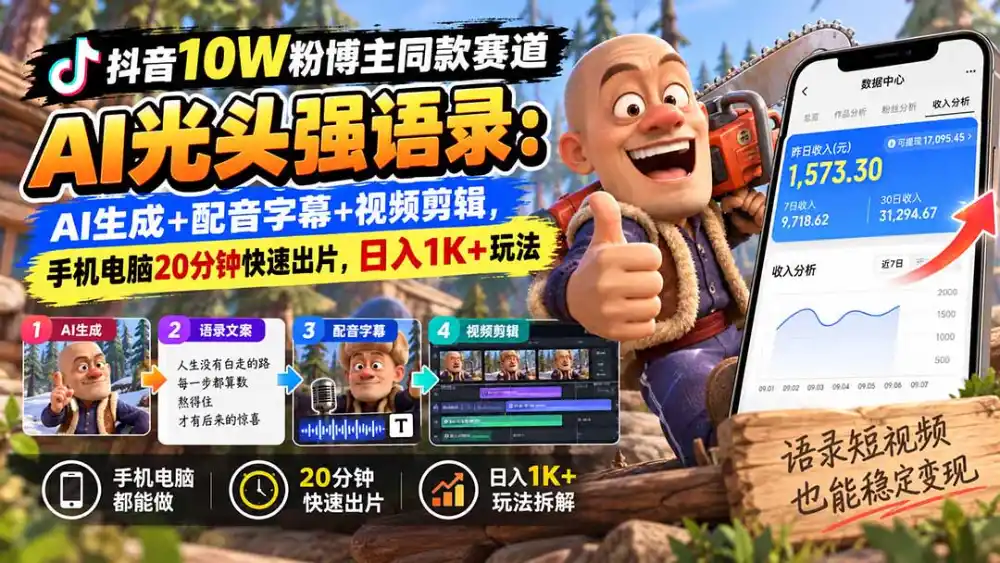 【无水印】抖音10W粉博主同款赛道AI光头强语录:AI生成+配音字幕+视频剪辑,手机电脑20分钟快速出片,日入1K+玩法-副业168副业网