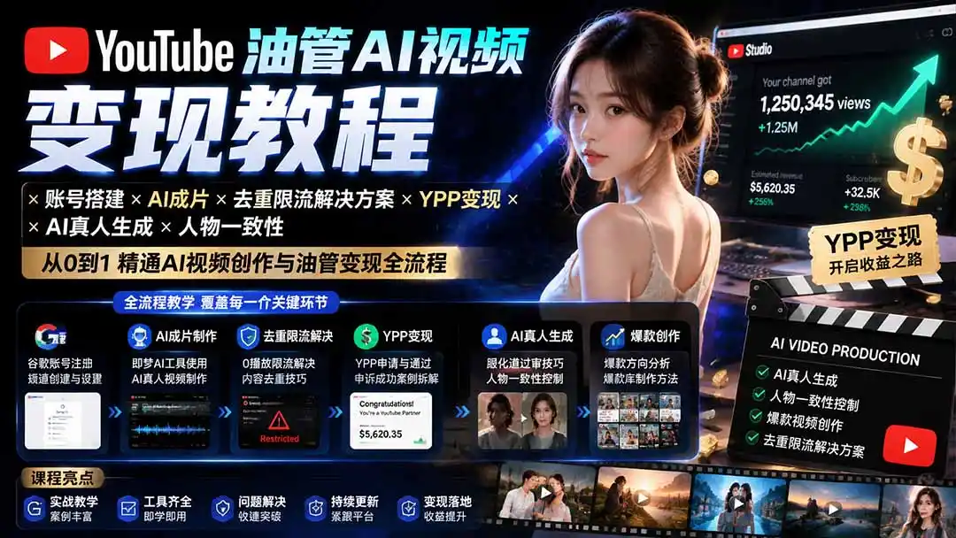 YouTube油管AI视频变现教程-更新0926:账号搭建×AI成片×去重限流解决方案×YPP变现×AI真人生成×人物一致性-副业168副业网